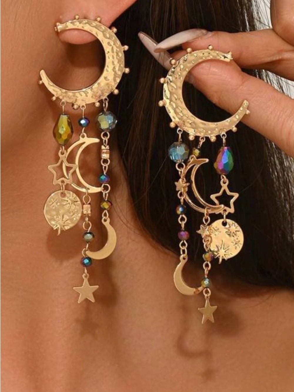 Gold Celestial Charm Drop Earrings with Iridescent Beads